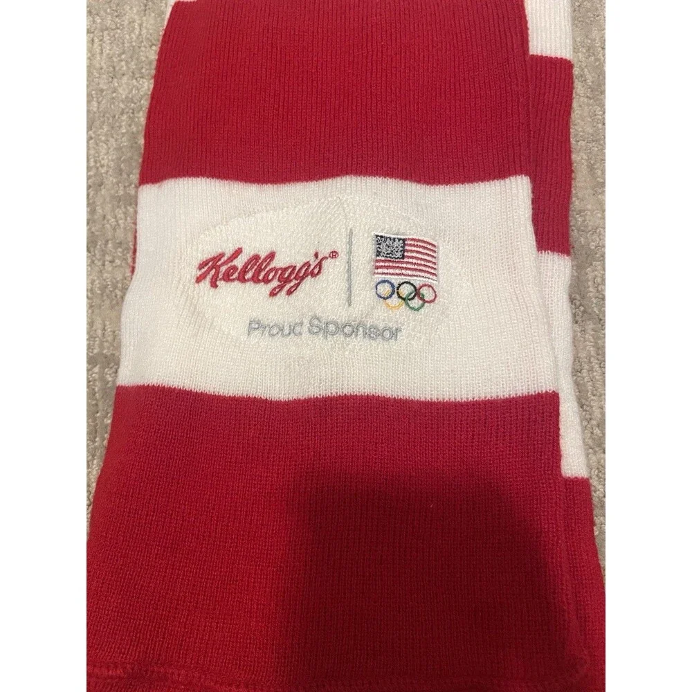 Kellogg's Olympic Red White Striped Knit Acrylic Scarf Logo Accent Winter